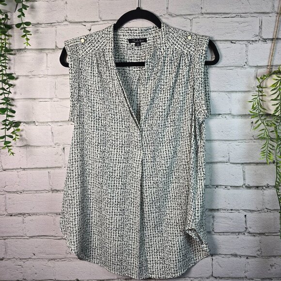 ANTILIA FEMME WHITE BLOUSE WITH BLACK PRINT CAP SLEEVES WOMENS SIZE MED - Picture 1 of 7